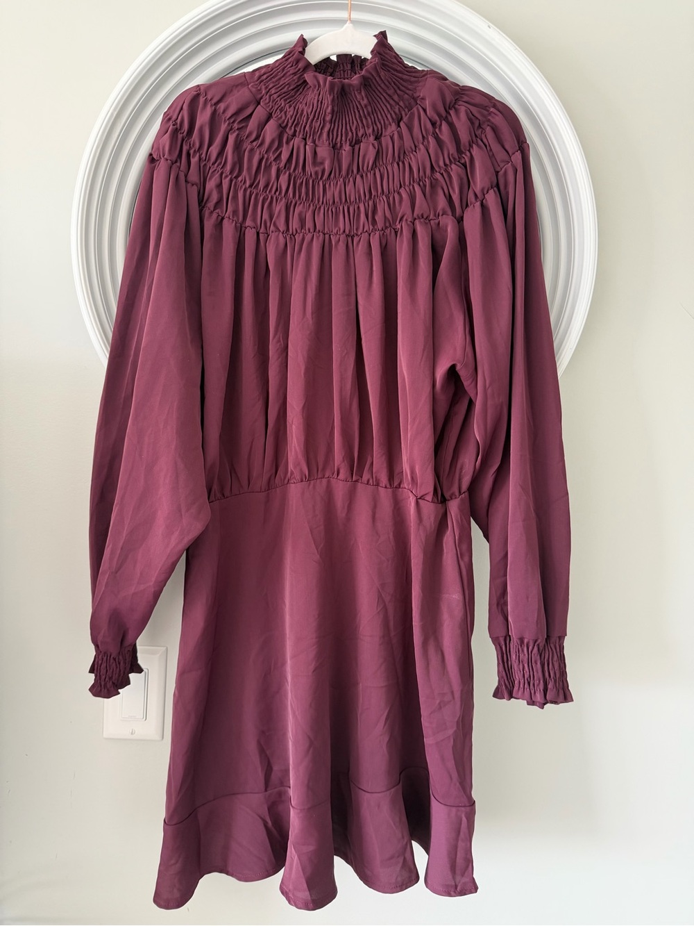 AX Paris Burgundy Smocked High Neck Balloon Sleeve Mini Dress Gown Size 14